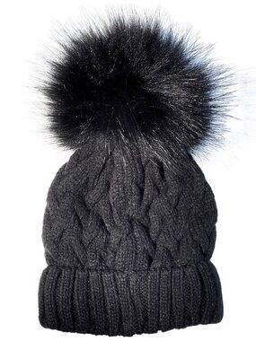 Kid's Adrienne Landau Cable Knit Beanie with Faux Fur Pom in Black 6.5" x 6.5"